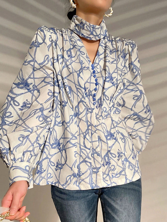 Bishop Sleeve Long Sleeves Buttoned Hollow High-Neck Blouses&Shirts Tops