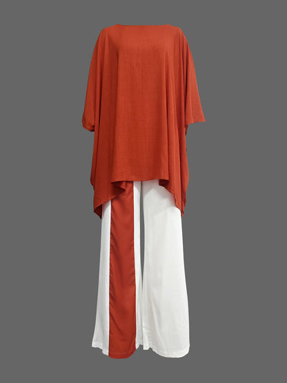 Batwing Sleeves Half Sleeves Solid Color Top + Contrast Color Wide Leg Pants Two Pieces Set
