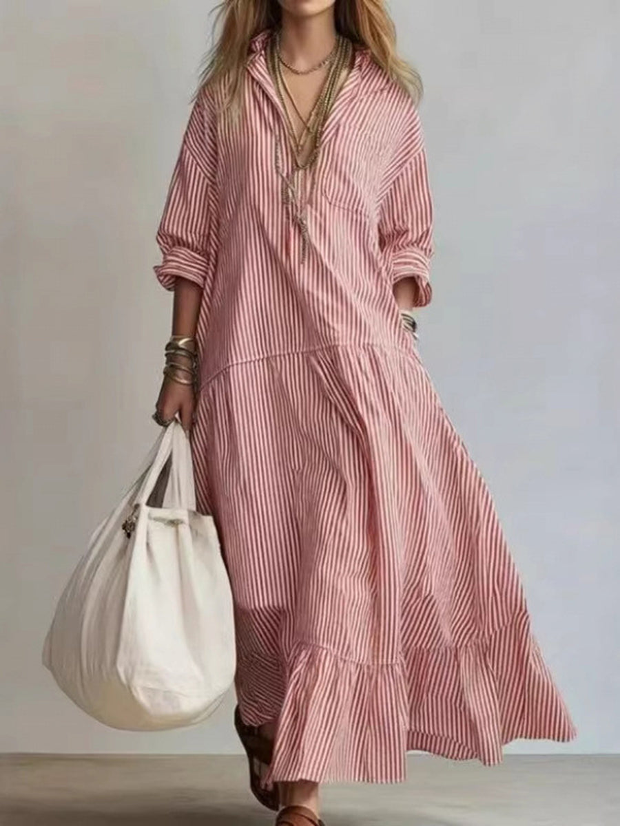 Striped Split-Joint Pockets Pleated Contrast Color Plus Size Loose V-neck Maxi Dresses