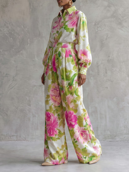 Pockets Pleated Flower Print Elasticity Contrast Color Wide Leg Loose Trousers Pants