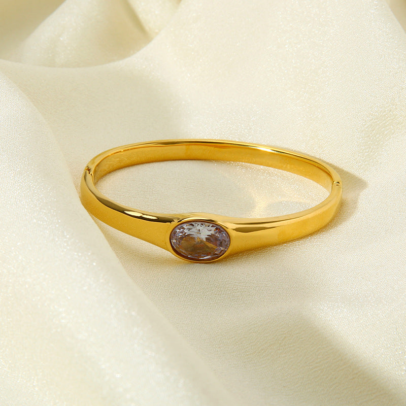 Oval Bangle For Women In Metal Featuring 18K Real Gold Plating And Zircon Inlay