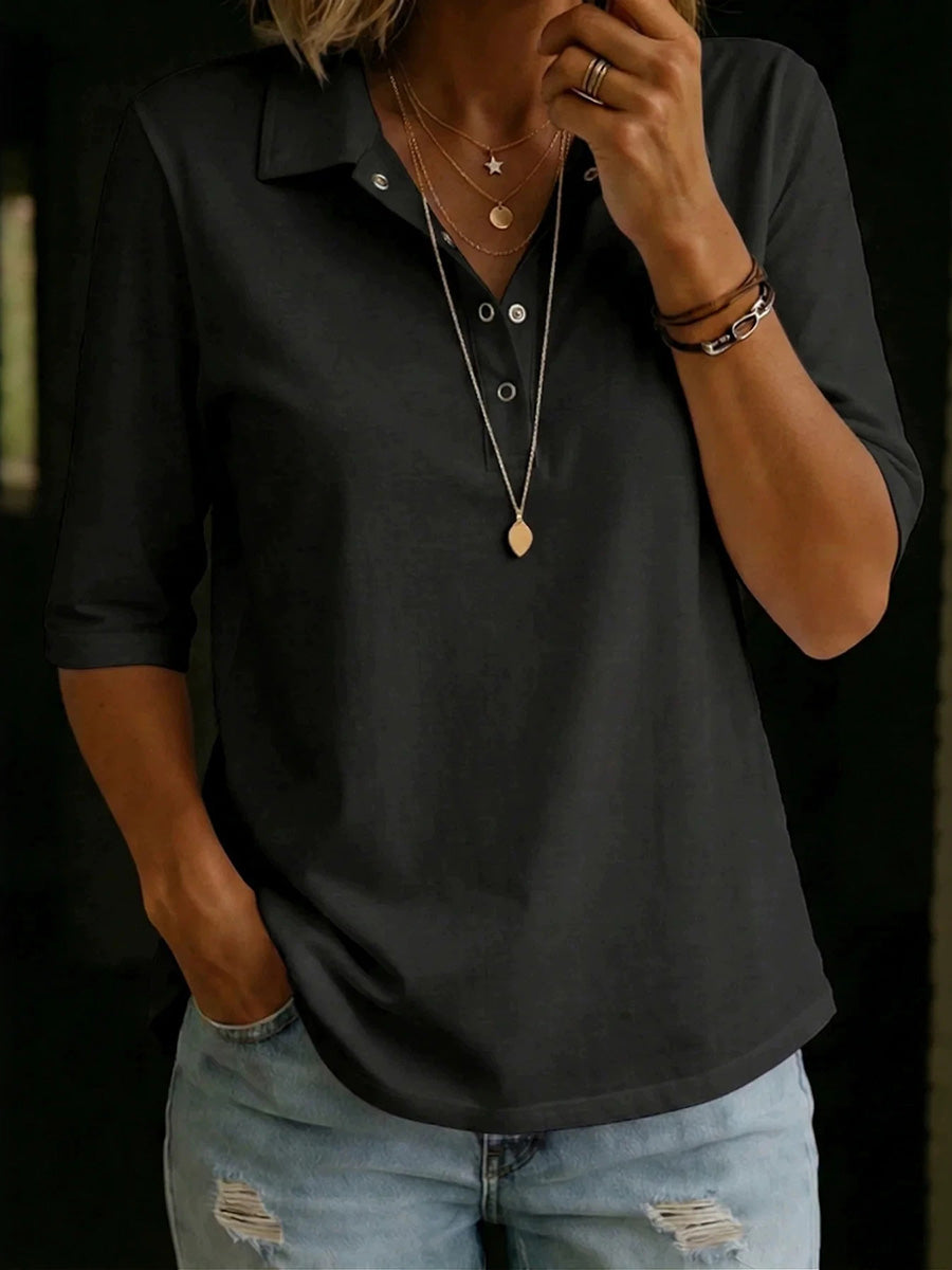 Half Sleeves Loose Buttoned Solid Color Lapel Blouses&Shirts Tops