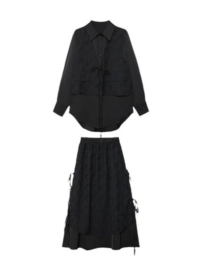 Solid Color Split-Joint Asymmetric Drawstring Flower Print   False Two Lapel Buttoned Pockets Blouses&Shirts Tops + Elasticated Waist Double Layered Skirts Bottoms Two Pieces Set