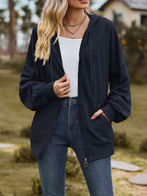 Long Sleeves Loose Drawstring Hooded Pockets Solid Color Zipper V-Neck Outerwear