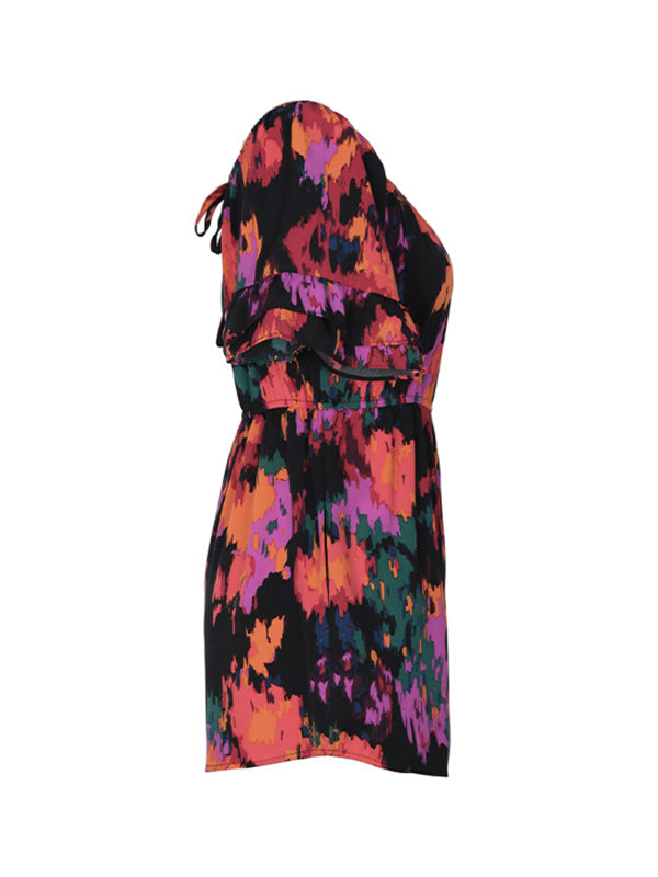 Flared Sleeves Half Sleeves Drawstring Elasticity Pockets Printed Split-Joint Off-The-Shoulder Rompers