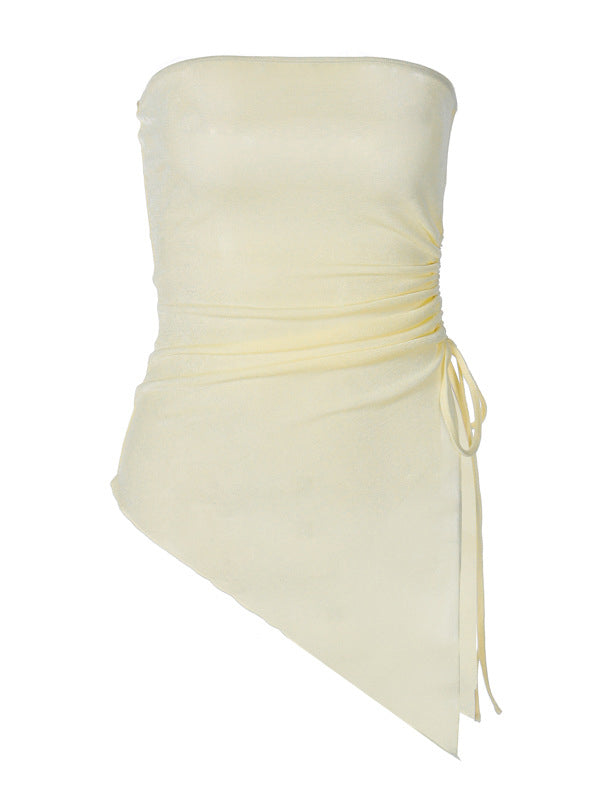 Irregular Clipping Skinny Asymmetric Drawstring Solid Color Split-Side Tube Vest Top