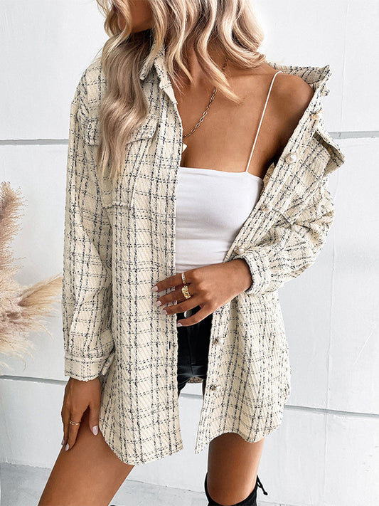 Long Sleeves Loose Buttoned Plaid Pockets Tied Waist Lapel Outerwear