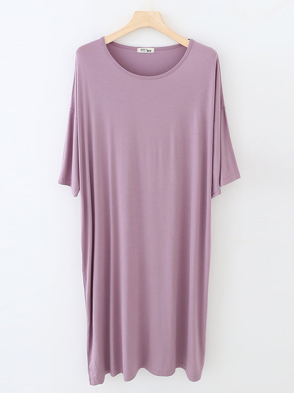 High Waisted Loose Solid Color Split-Joint Round-Neck Pajama Dress