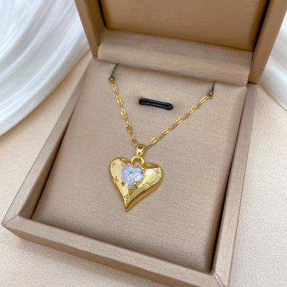 Romantic Handmade Heart Shape Necklace For Women In 201 Stainless Steel With Glass Inlay And Cable Chain