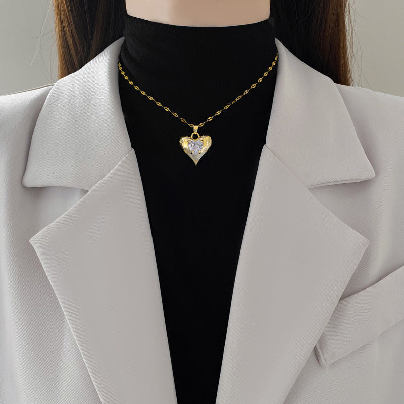 Romantic Handmade Heart Shape Necklace For Women In 201 Stainless Steel With Glass Inlay And Cable Chain