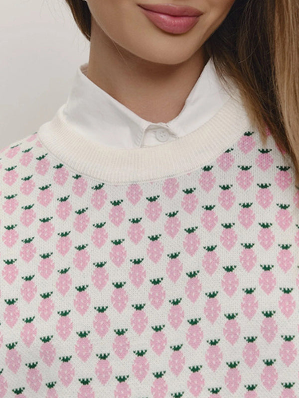 Long Sleeves Loose Pleated Split-Joint Round-Neck Sweater Tops