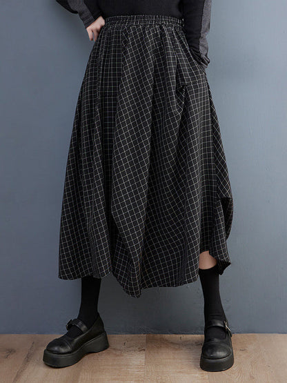 Loose Irregular Clipping Plaid Asymmetric Elasticity Skirts Bottoms