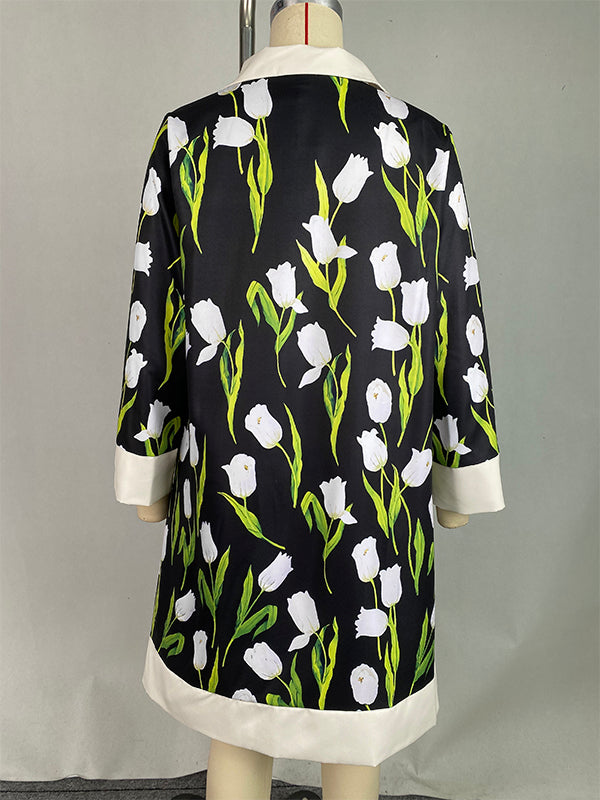 A-line Loose Buttoned Flower Print Stand Collar Mini Dresses