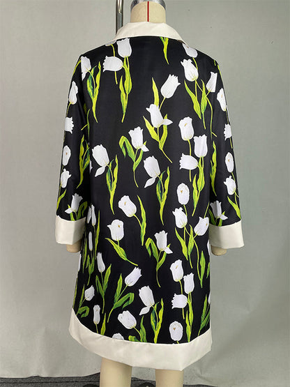 A-line Loose Buttoned Flower Print Stand Collar Mini Dresses