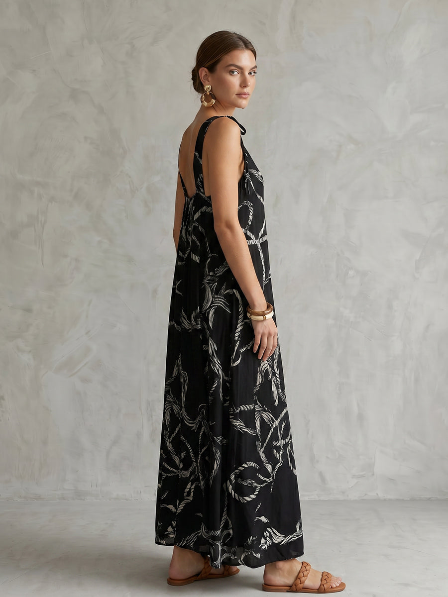 A-Line Loose Backless Contrast Color Drawstring Printed Spaghetti-Neck Midi Dresses