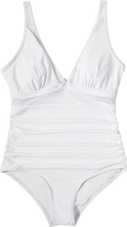 Solid Color White One-Piece Swimsuit In Nylon Fabric, Perfect For Beach Wear
