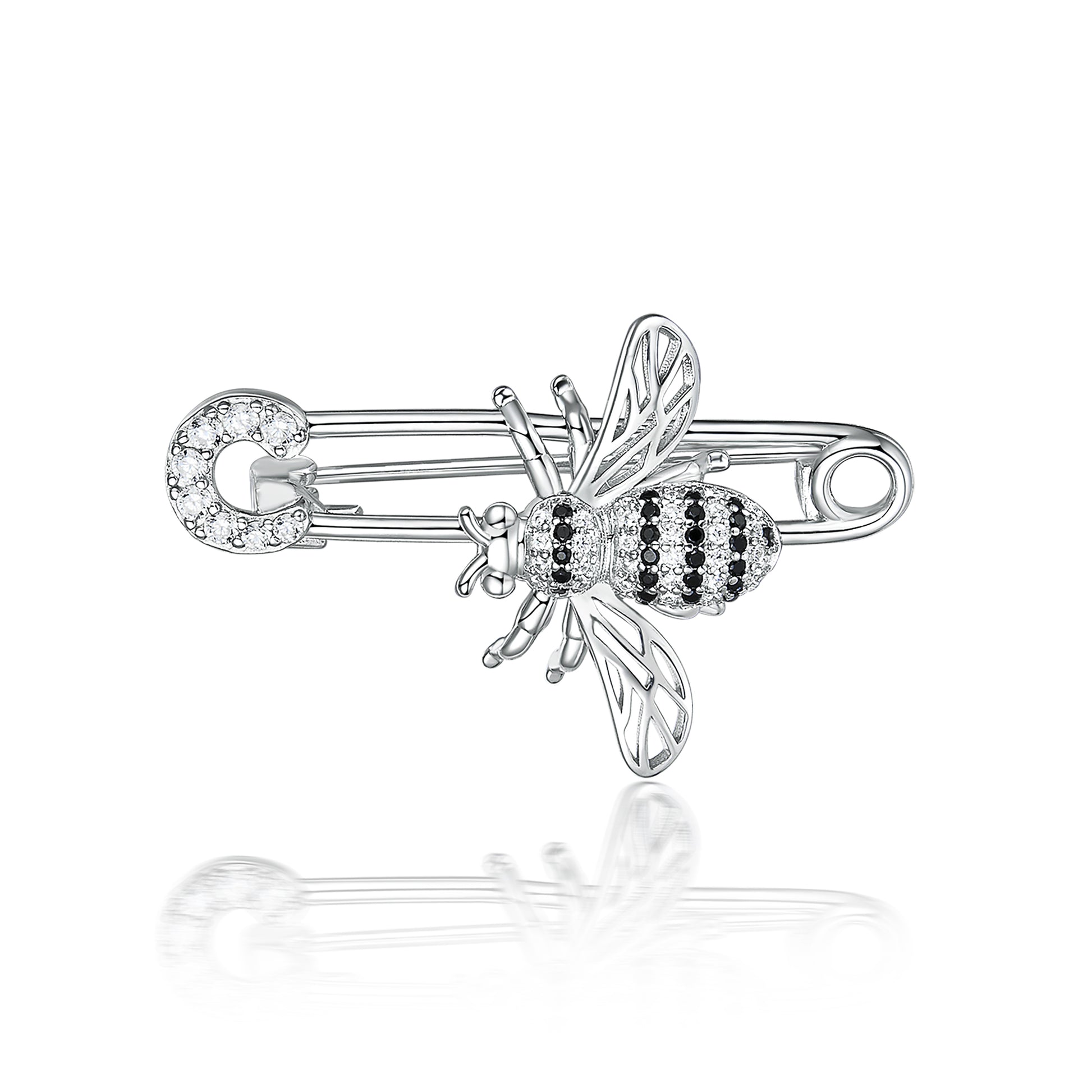 Pastoral Silver Bee Brooch In 925 Sterling Silver With Zircon Inlay, Unisex, 1 Piece
