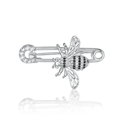 Pastoral Silver Bee Brooch In 925 Sterling Silver With Zircon Inlay, Unisex, 1 Piece