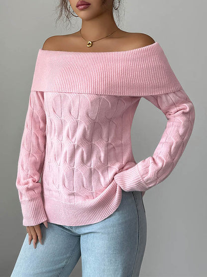 Long Sleeves Solid Color Split-Joint Off-The-Shoulder Pullovers Sweater Tops