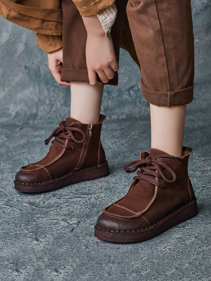 Women Winter Retro Leather Spliced Flat Boots