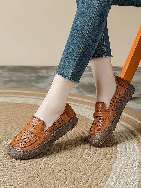 Women Summer Leather Hollow Out Flat Shoes
