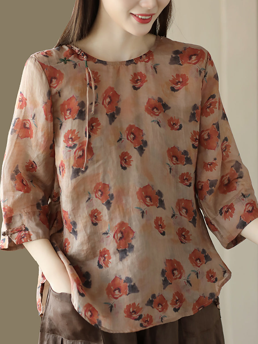 Women Vintage Summer Floral Frog Pullover Linen Shirt