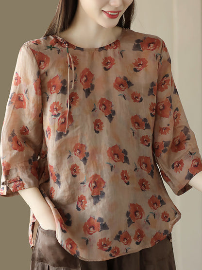 Women Vintage Summer Floral Frog Pullover Linen Shirt