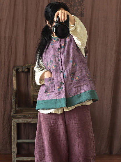 Women Ethnic Flower Print Spliced Warm Vest Coat