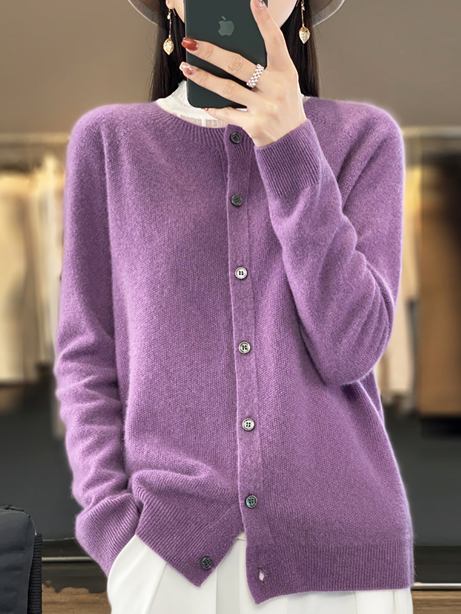 Women Autumn Wool O-Neck Cardigan Knit Sweater