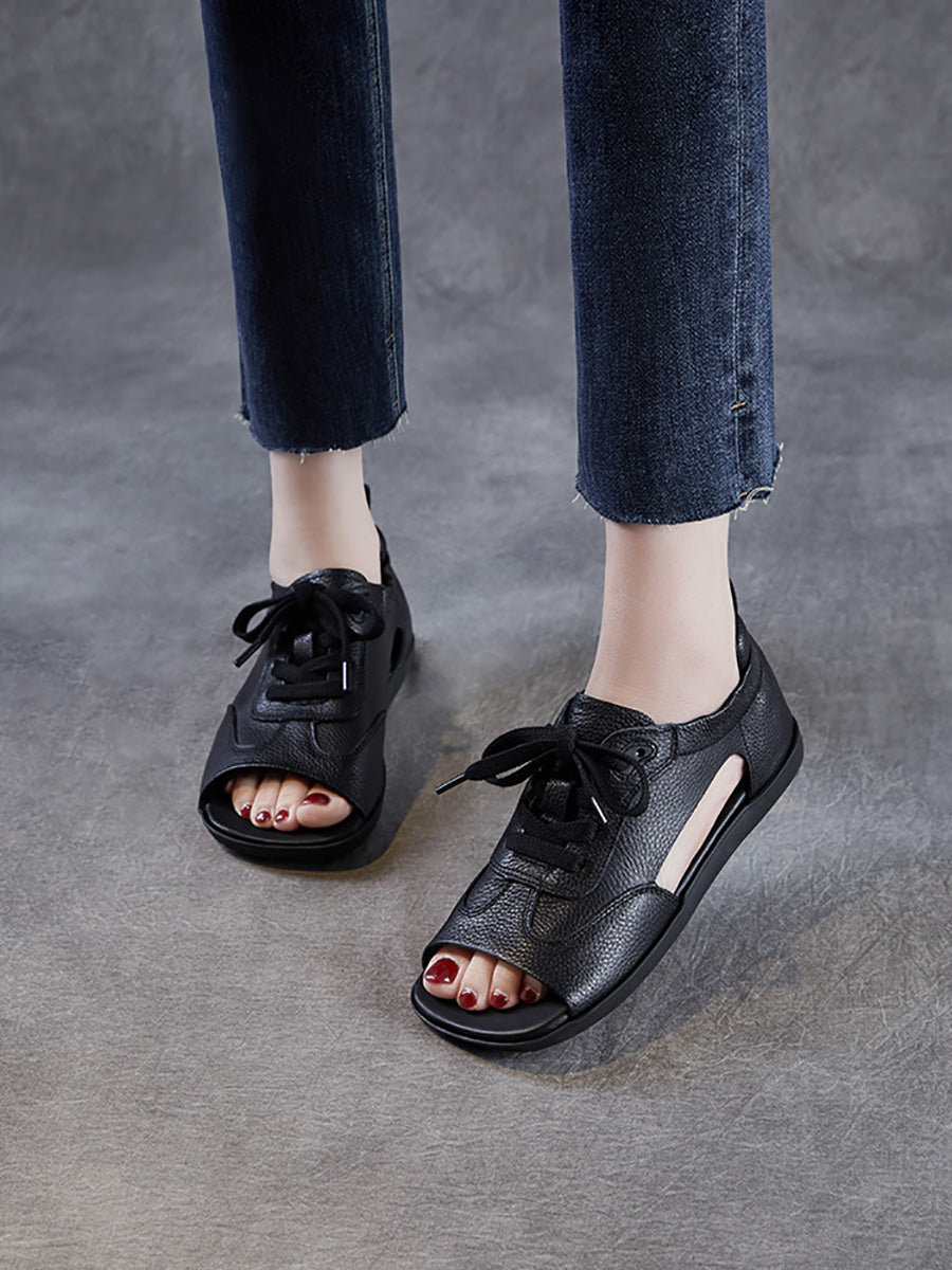 Women Summer Genuine Leather Open Toe Flat Sandals