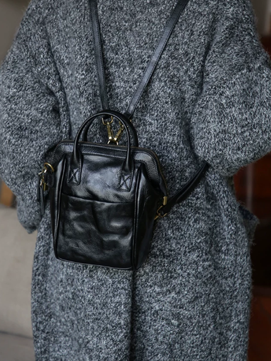 Crinkled Leather Handbag Travel Backpack