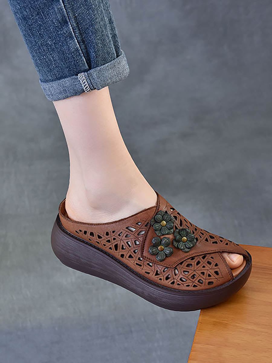 Women Ethnic Flower Leather Hollow Out Platfrom Slippers