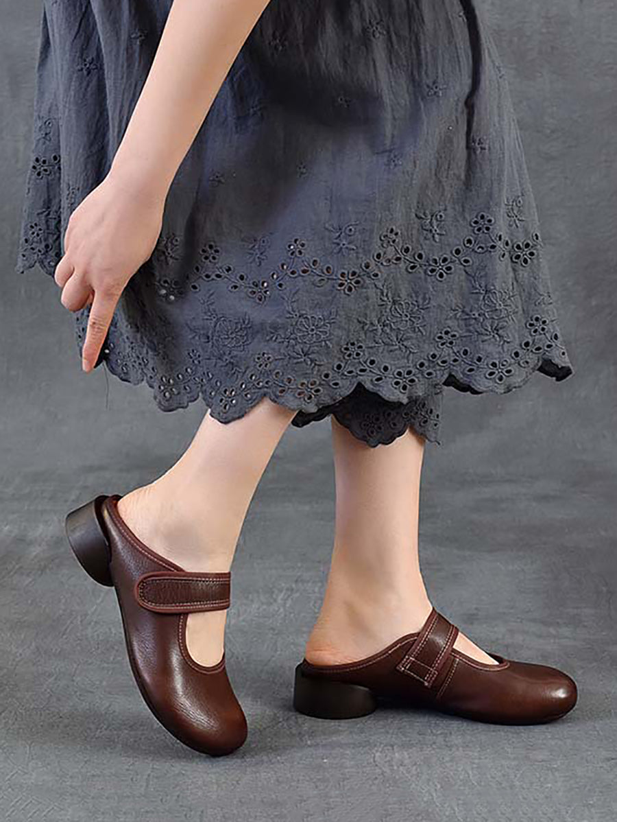 Women Artsy Genuine Leather Mary Jane Low Heel Slippers