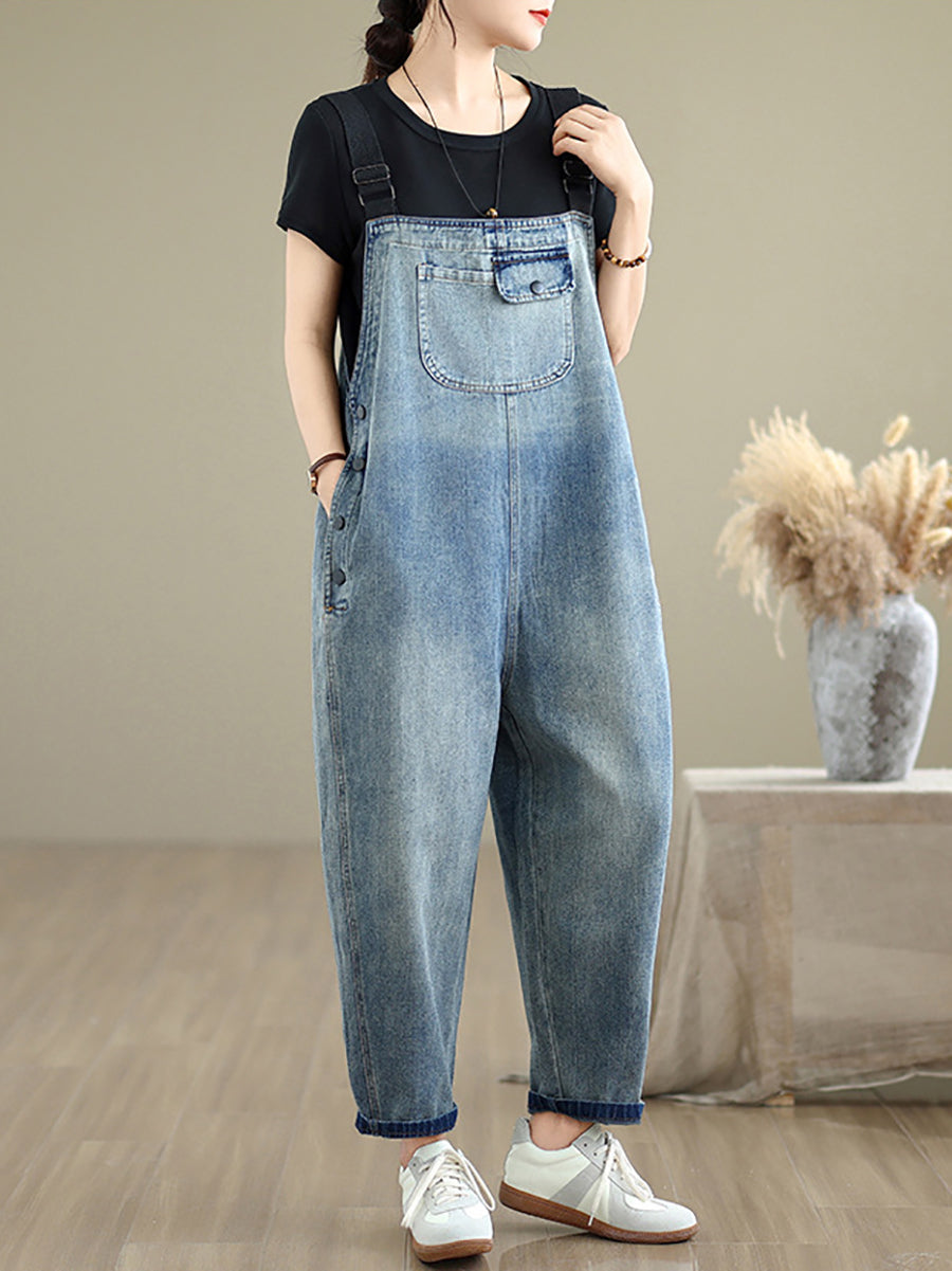 Women Summer Casual Pure Color Denim Loose Jumpsuits