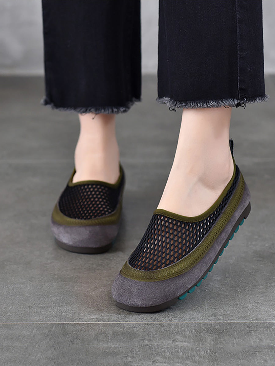 Women Summer Casual Leather Mesh Flat Shoes