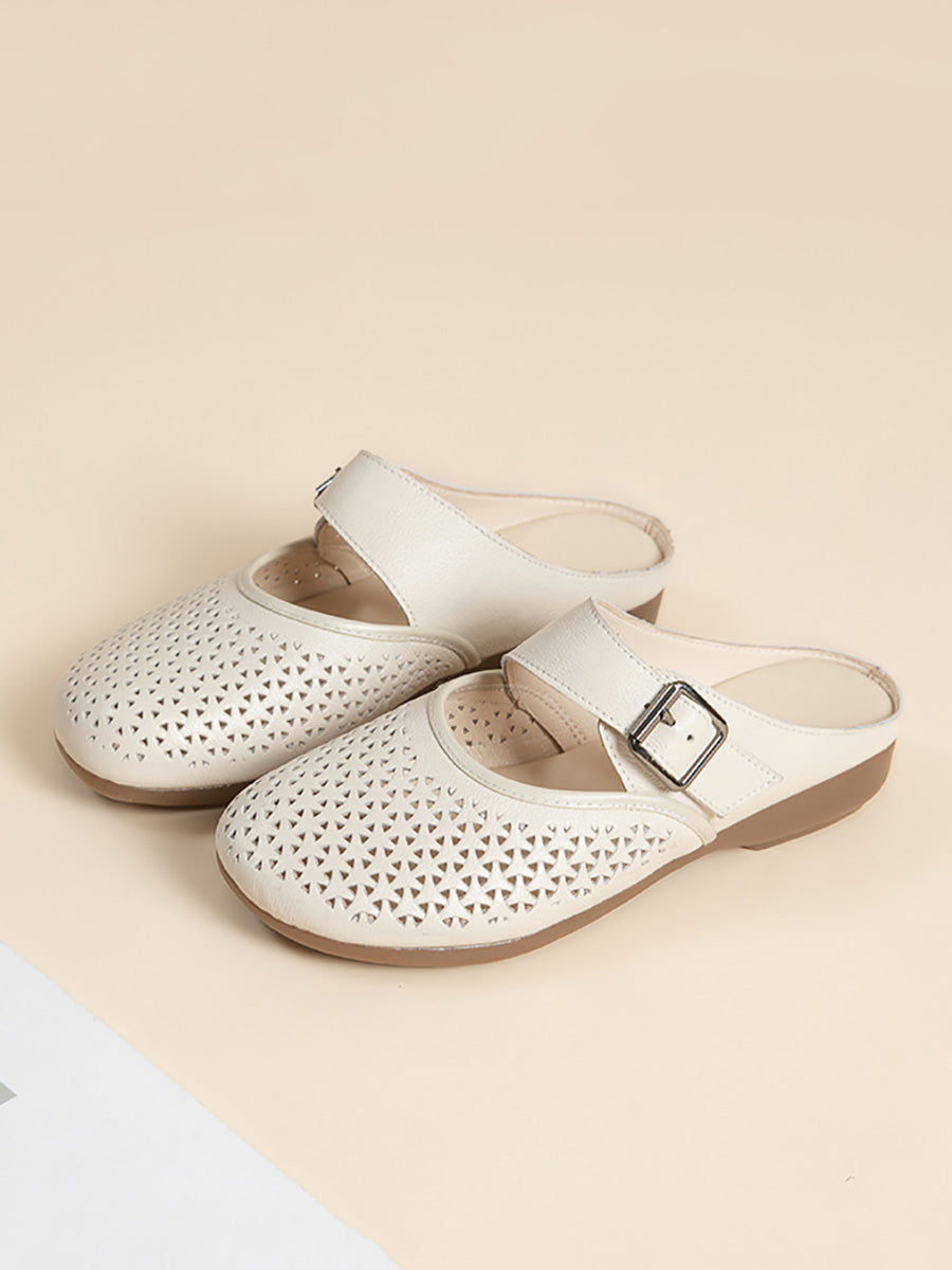 Women Vintage Genuine Leather Low Heel Slippers