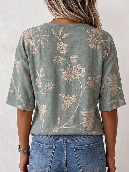 Half Sleeves Loose Asymmetric Buttoned Flower Print Split-Joint V-Neck T-Shirts Tops