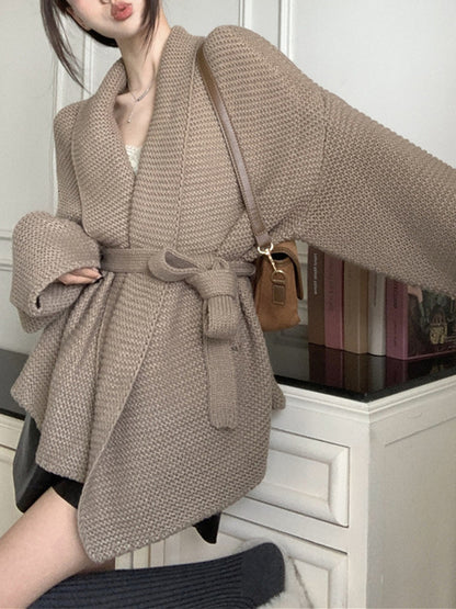 Long Sleeves Loose Solid Color Tied Waist V-Neck Cardigan Tops