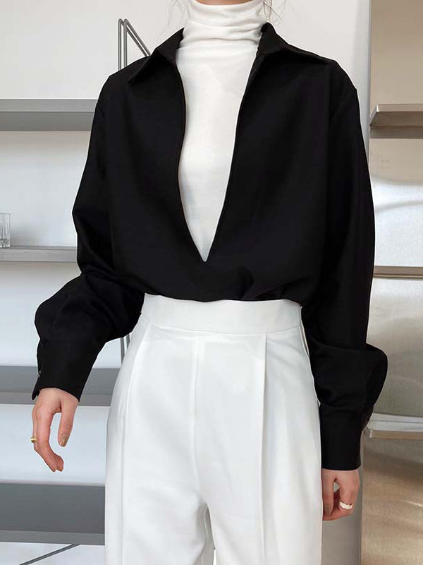 Long Sleeves Loose Solid Color Lapel Blouses