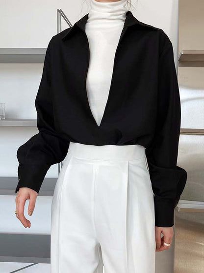 Long Sleeves Loose Solid Color Lapel Blouses