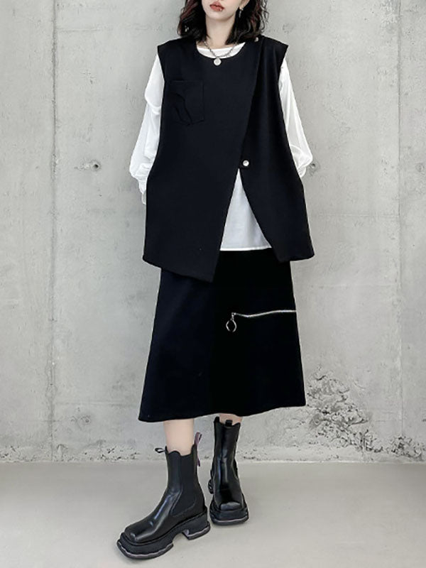 Loose Sleeveless Asymmetric Zipper Round-Neck Vest Top
