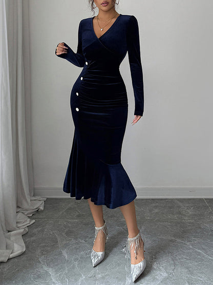 Bodycon High Waisted Buttoned Pleated Solid Color Velvet V-Neck Midi Dresses