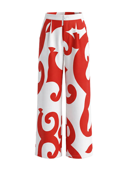 High Waisted Loose Contrast Color Pockets Printed Split-Joint Pants Trousers