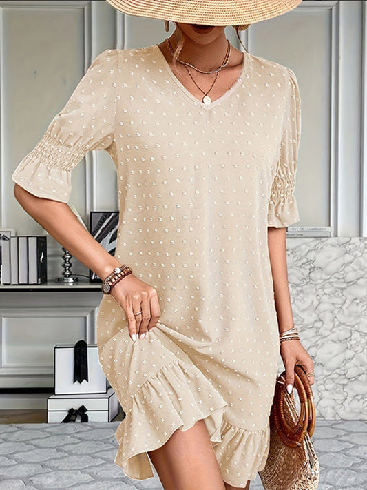 A-Line Flared Sleeves Elasticity Jacquard Pleated Solid Color Split-Joint V-Neck Mini Dresses