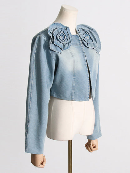 Long Sleeves Loose Buckle Three-Dimensional Flower Round-Neck Denim Jackets Outerwear
