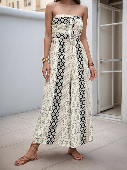 High Waisted Sleeveless Backless Contrast Color Pleated Printed Split-Joint Tied Twist Tube Jumpsuits
