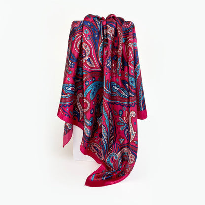 Paisley Pattern Rose Red Kerchief Silk Scarf In Polyester, Lightweight And Stylish For Summer