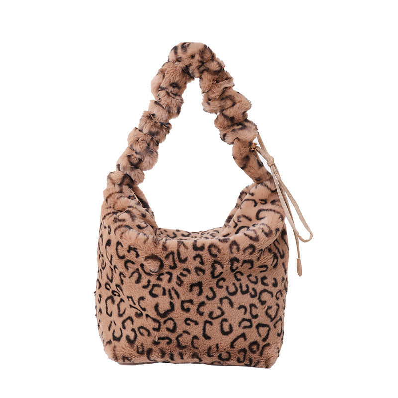 Leopard Print Plush Dumpling Shape Tote Bag For Women Featuring Sewing Thread Detail, Perfect For Autumn And Winter