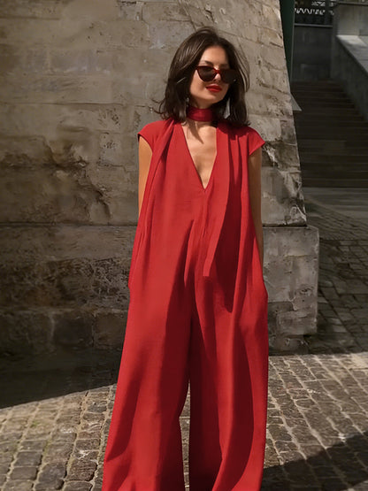 Loose Wide Leg Pockets Solid Color Streamer Deep V-Neck Jumpsuits