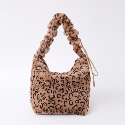 Leopard Print Plush Dumpling Shape Tote Bag For Women Featuring Sewing Thread Detail, Perfect For Autumn And Winter